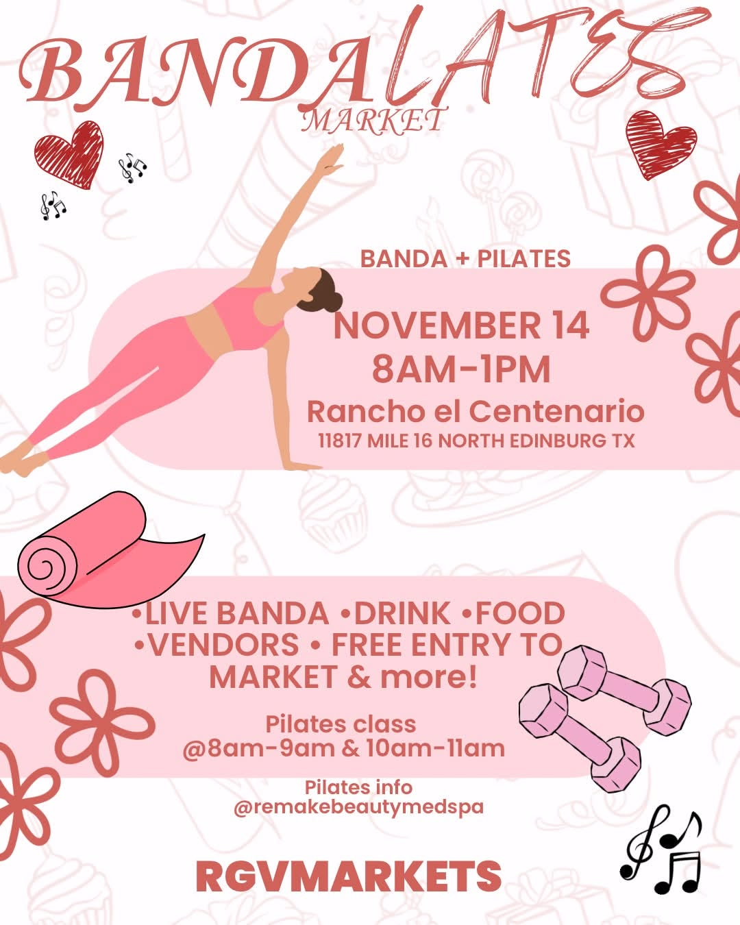 Flyer for Banda and Pilates Market in Edinburg, TX on Saturday, November 14, 2026