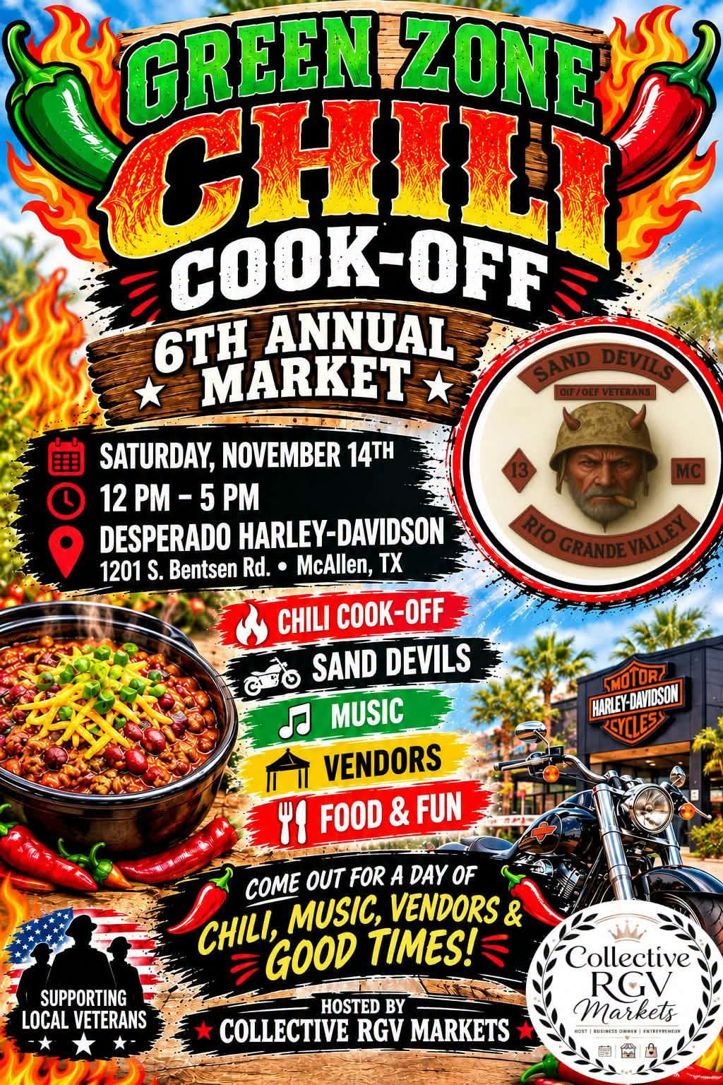 Flyer for Green Zone Chili Cook-Off and Market in McAllen, TX on Saturday, November 14, 2026