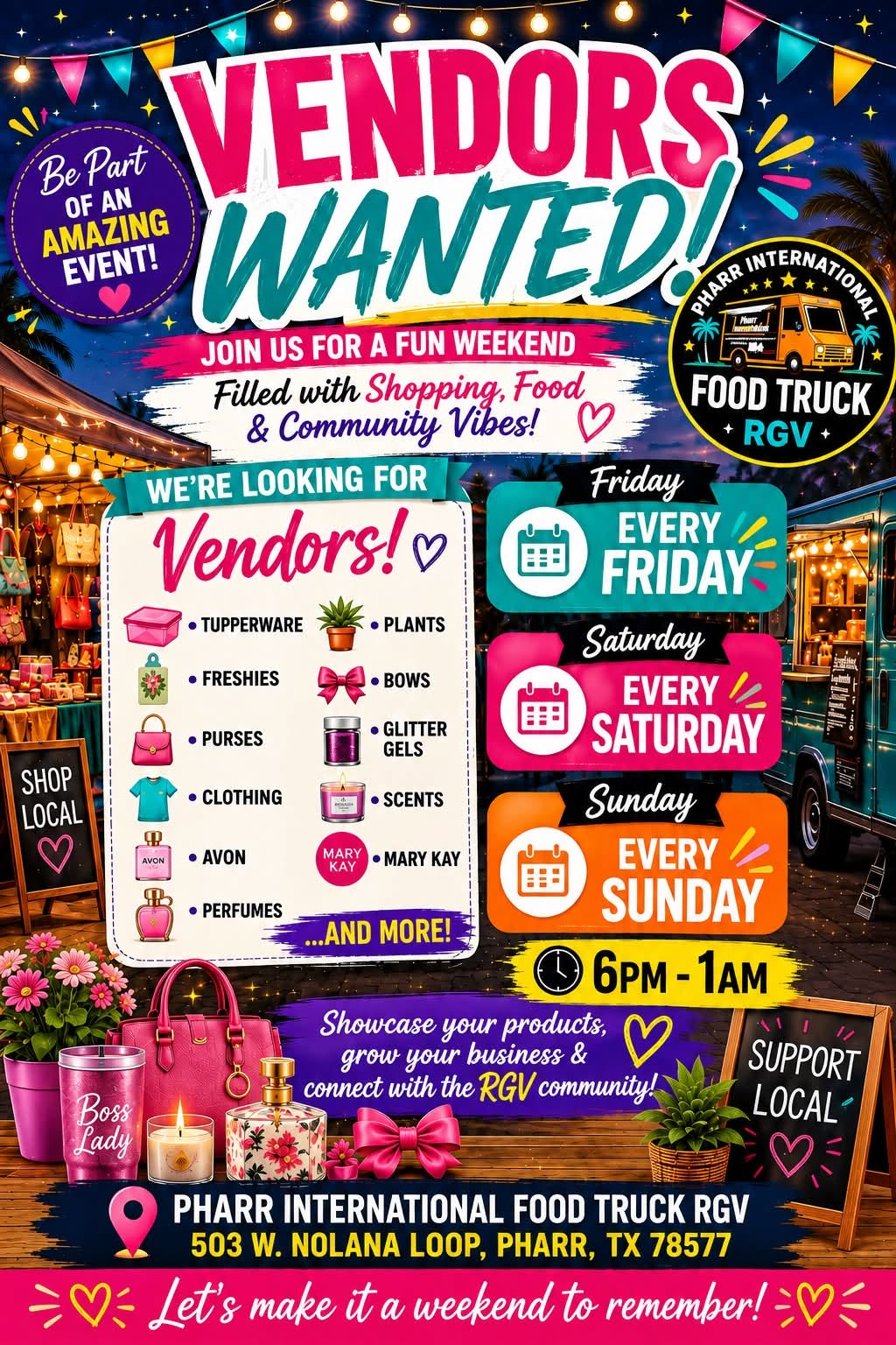 Flyer for Pharr Food Truck Park Weekend Market in Pharr, TX on Saturday, November 7, 2026