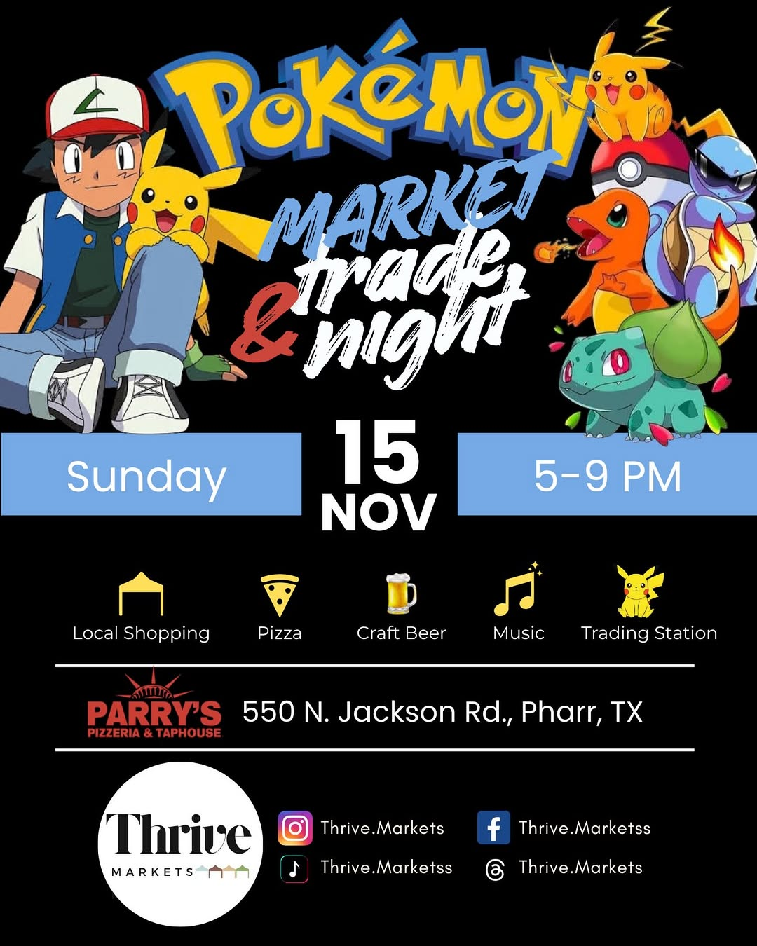 Flyer for Pokemon Market and Trade Night in Pharr, TX on Sunday, November 15, 2026