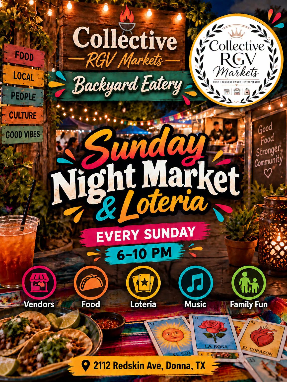 Flyer for Sunday Night Market and Loteria in Donna, TX on Sunday, November 22, 2026