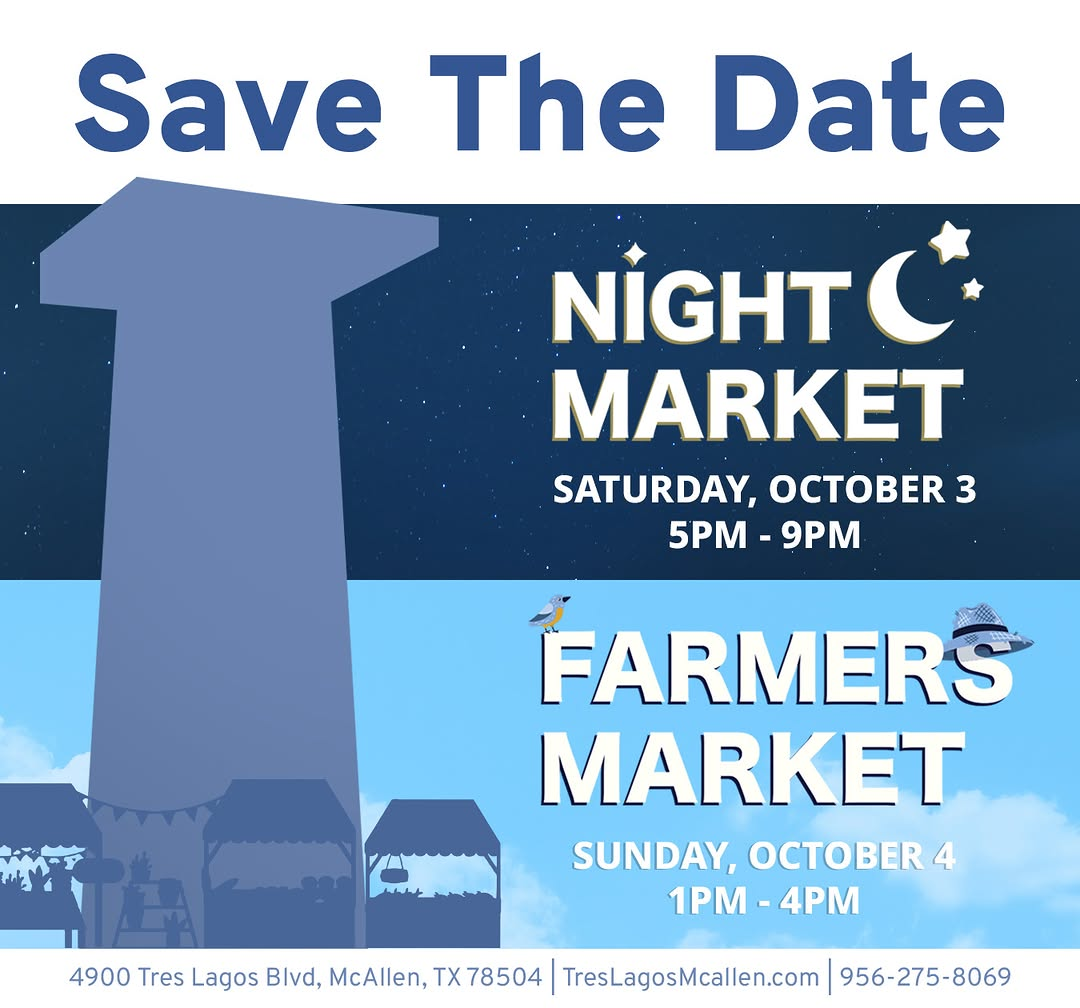 Flyer for Tres Lagos Night Market in McAllen, TX on Saturday, December 5, 2026